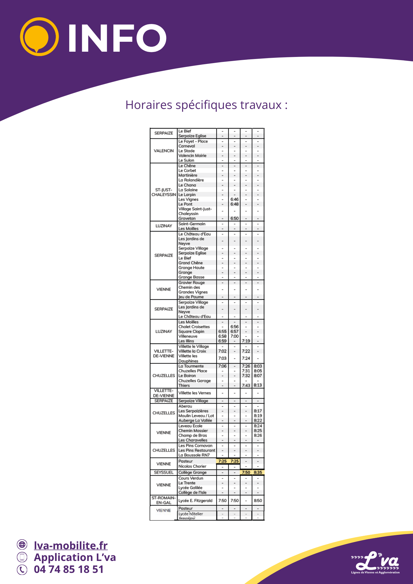 Tableau des horaires spécifiques travaux
