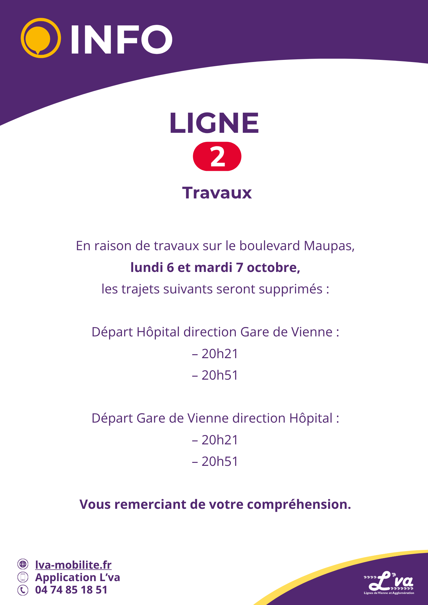 Les trajets de 20h21 et 20h51 ne seront pas assurés les 6 et 7 octobre.