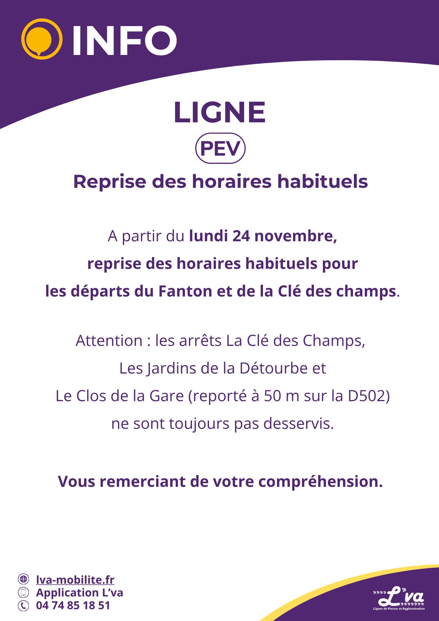 Ligne PEV - Reprise des horaires habituels