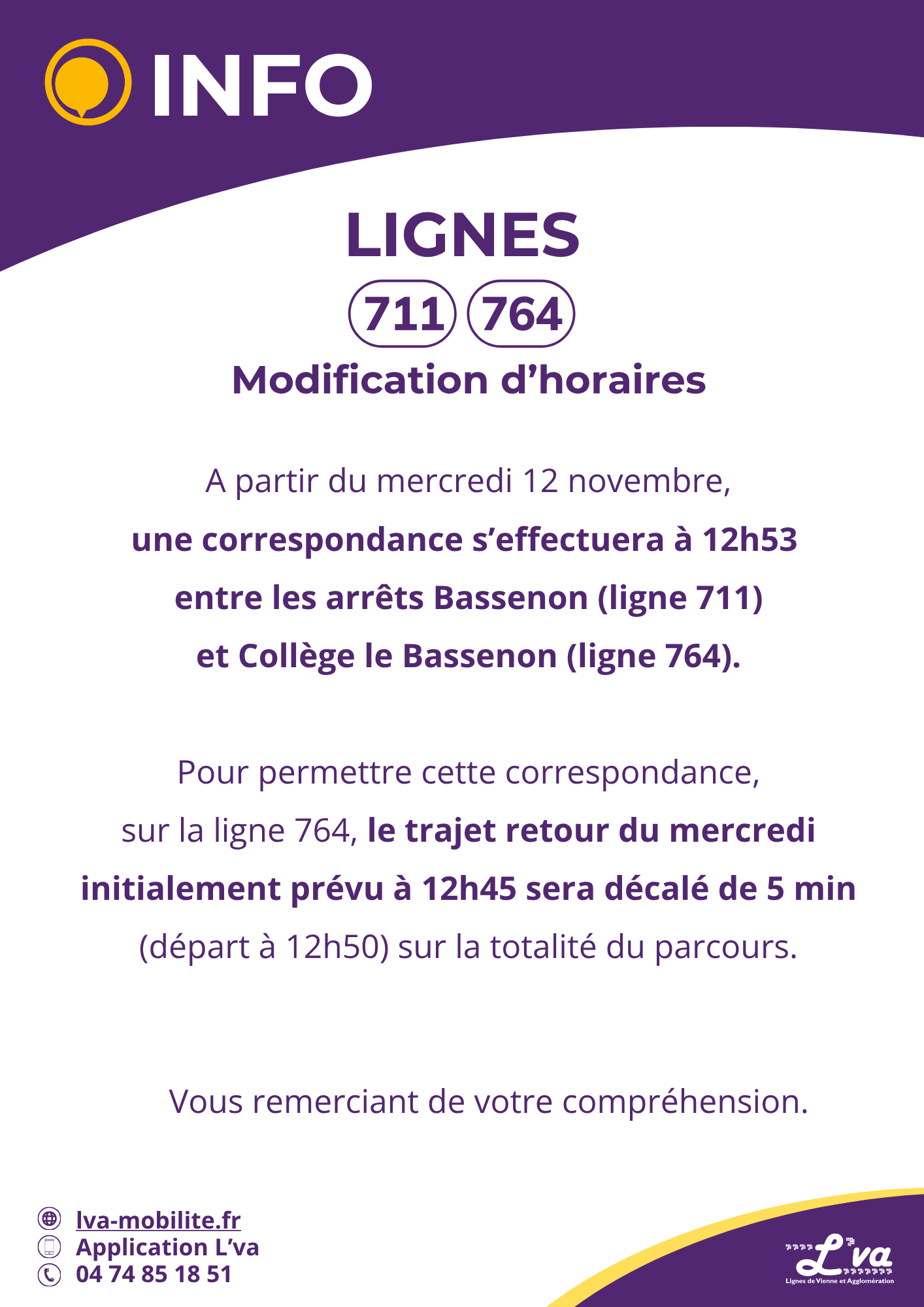 Ligne 764 - modifications d'horaires