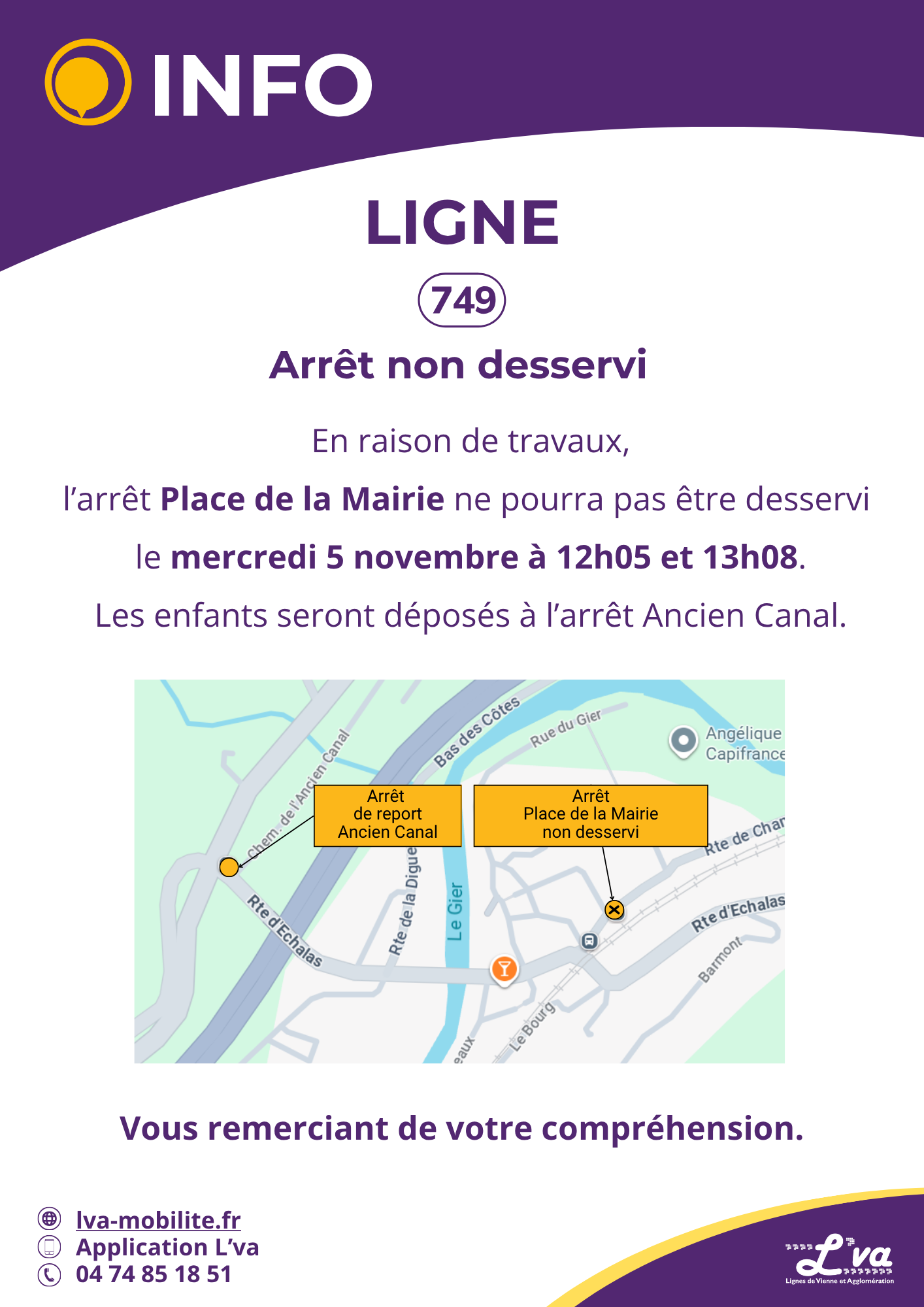 L'arrêt Place de la Mairie ne pourra pas être desservi à 12h05 et 13h08.